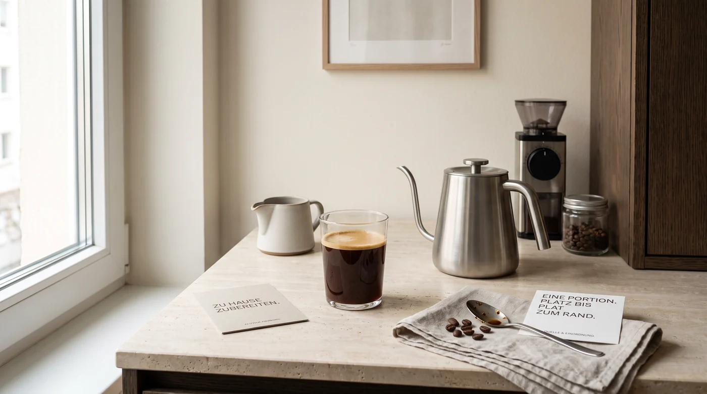 Americano A black coffee in a tall glass beside a kettle and grinder.