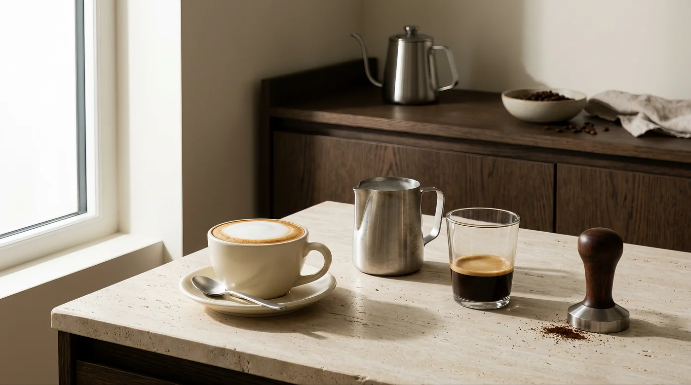 Cappuccino A cappuccino cup, espresso glass and milk pitcher beside a tamper.