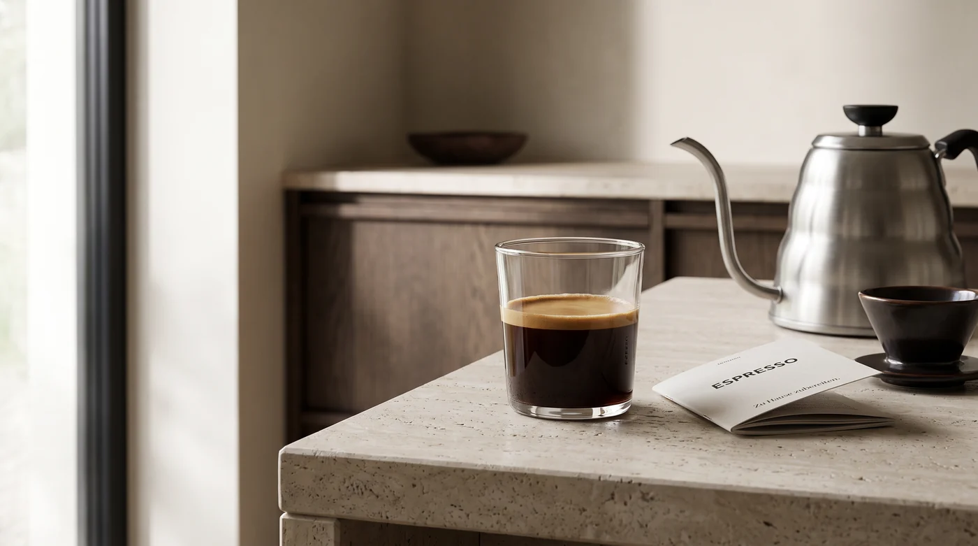 Espresso Dark espresso in a glass beside a small cup and kettle.