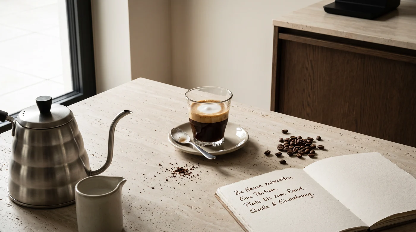 A small glass of coffee with a spot of milk foam beside beans.