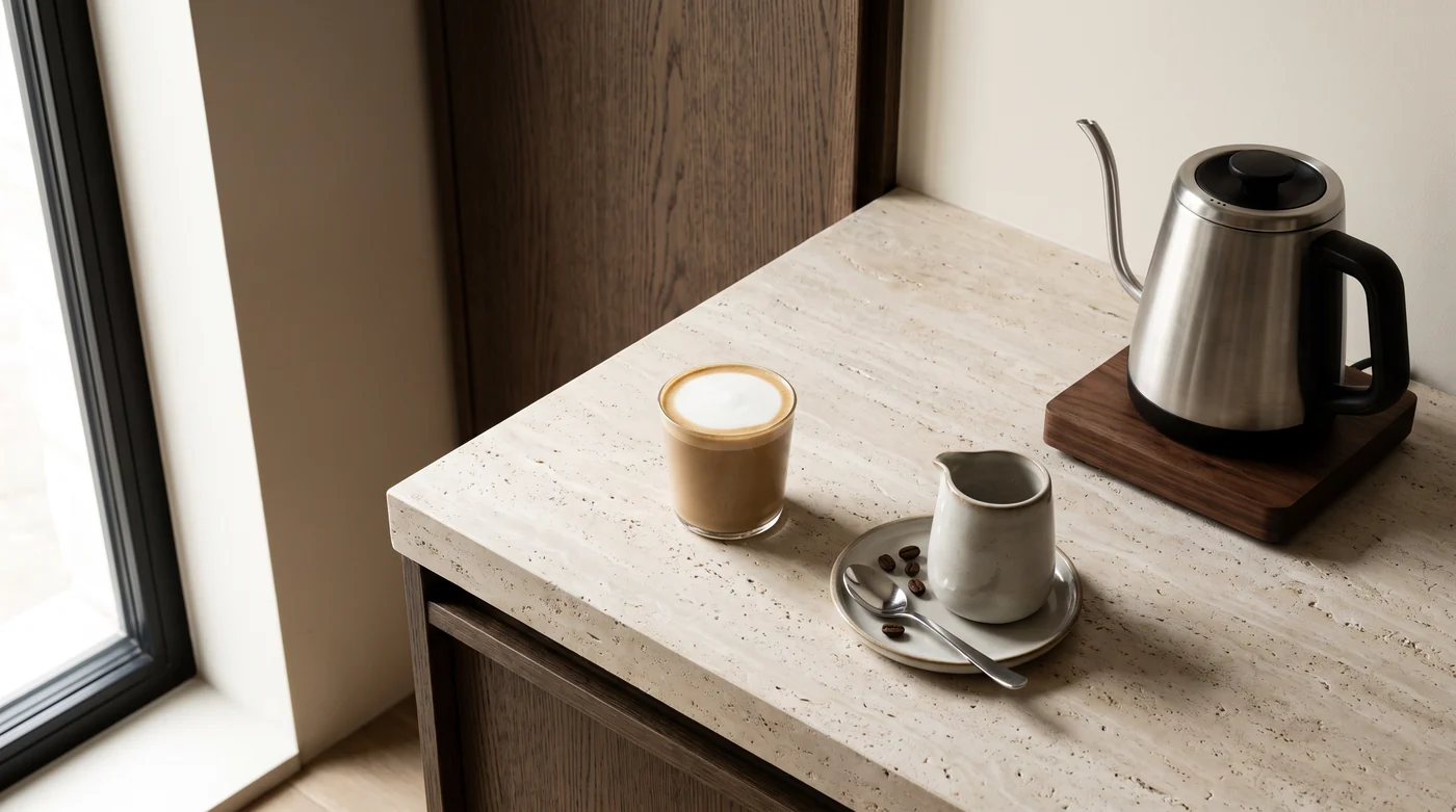 Flat White A short milk-coffee drink beside a small ceramic jug.
