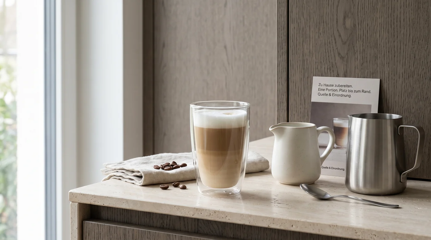 Caffè Latte A tall milk-coffee drink beside a white jug and steel pitcher.