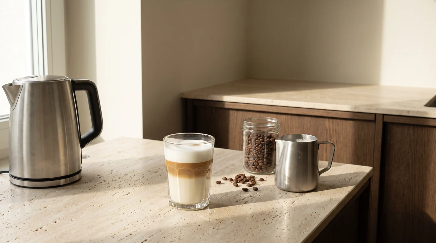 Latte Macchiato A layered latte macchiato beside a milk pitcher and beans.