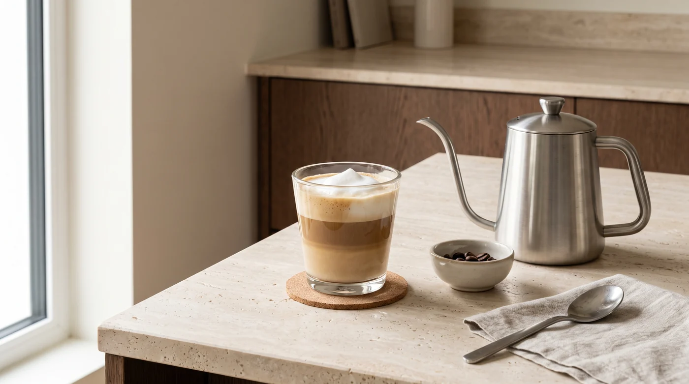 A milk-coffee glass topped with foam beside a kettle and spoon.