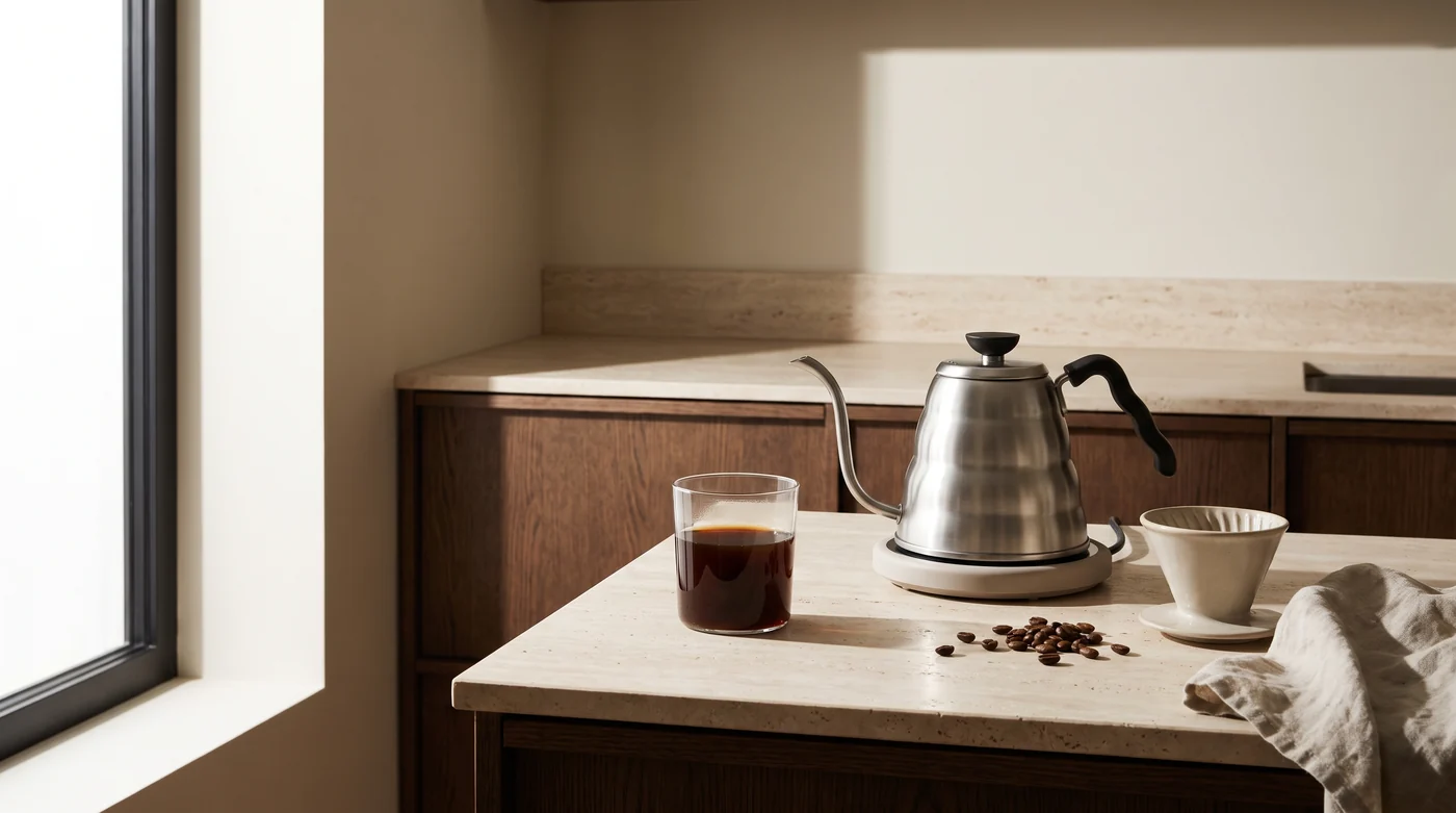 A black coffee glass beside a kettle and small white cup.