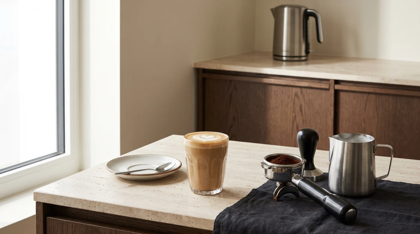 A cappuccino glass beside a milk pitcher, tamper and portafilter.