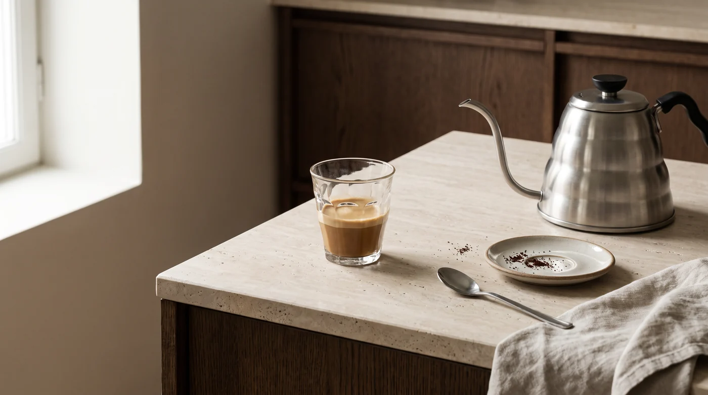 A short cortado glass beside a kettle and saucer.