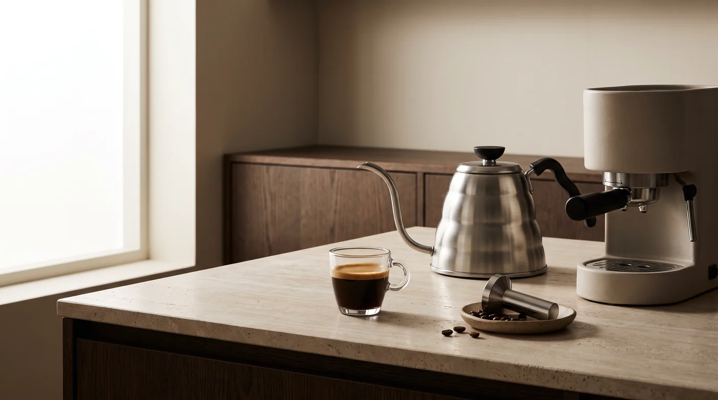 A small espresso cup beside an espresso machine and portafilter.