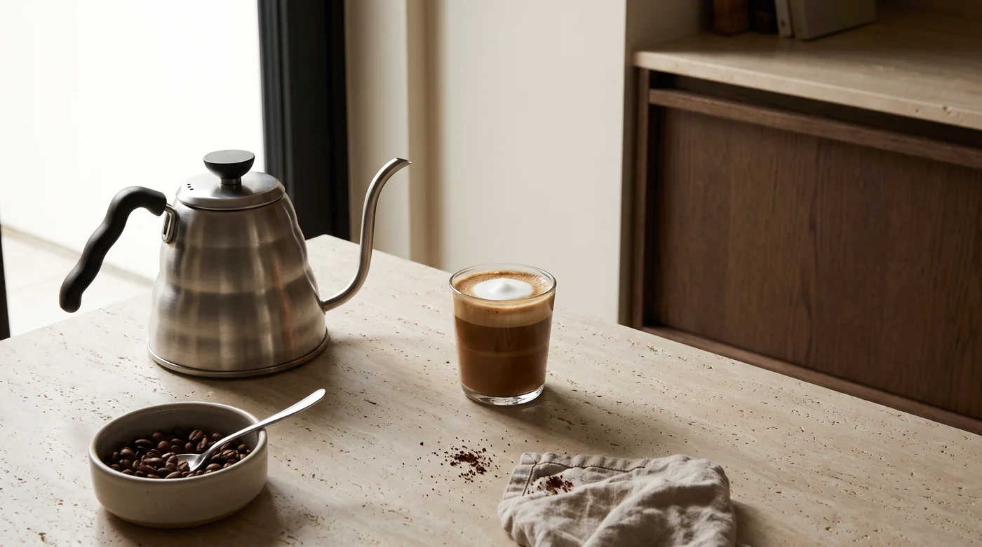 A small milk-marked espresso beside a bowl of coffee beans.
