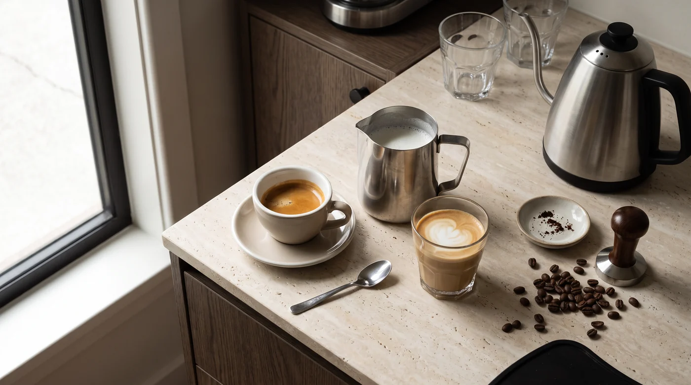 A small espresso cup and milk-coffee glass beside a pitcher.
