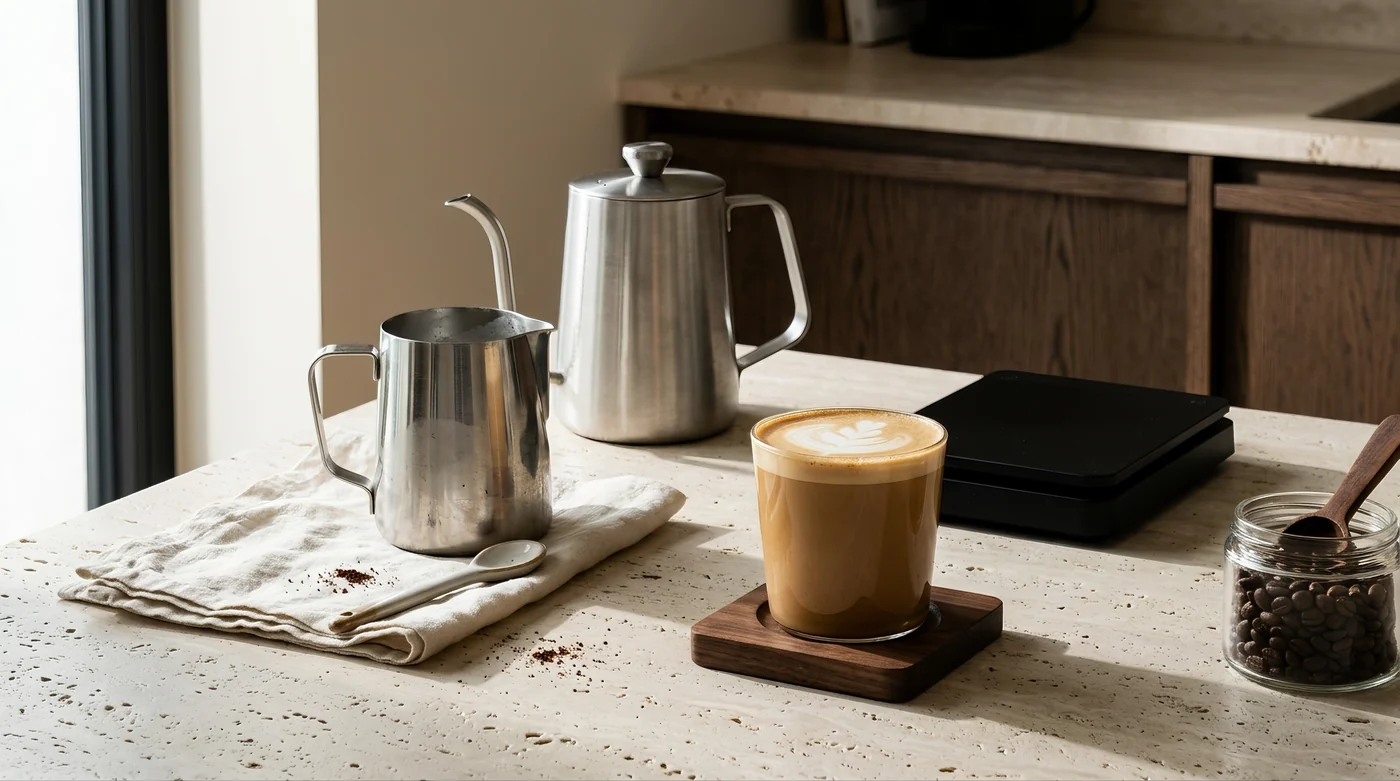 A latte glass beside a metal milk pitcher and coffee scale.