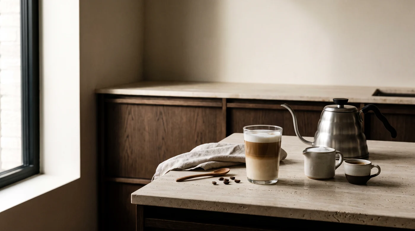 A tall layered milk-coffee drink beside a little ceramic jug.