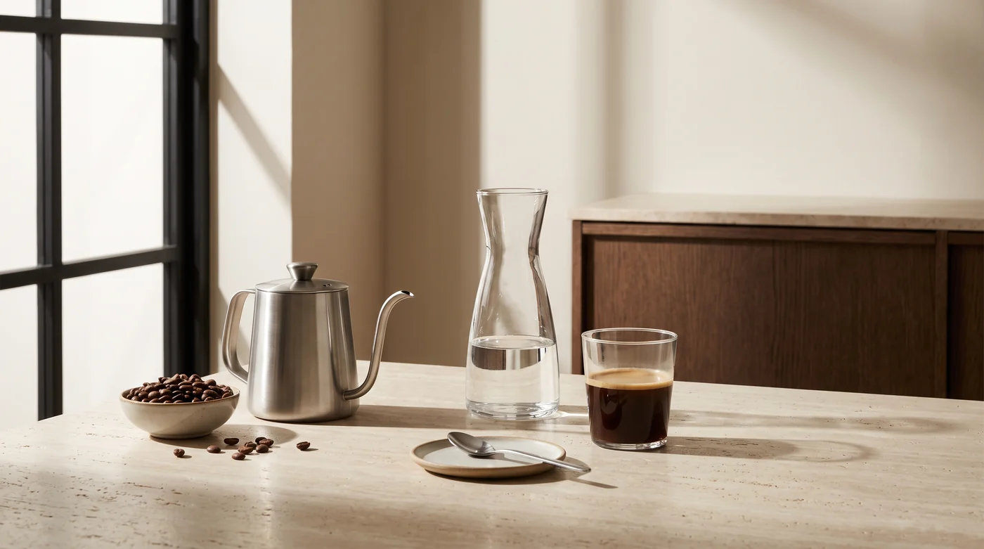 Coffee beans, a water carafe and a dark coffee drink.