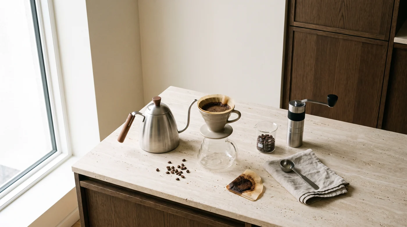 Brew methods A hand grinder, dripper, filter and coffee beans arranged for brewing.