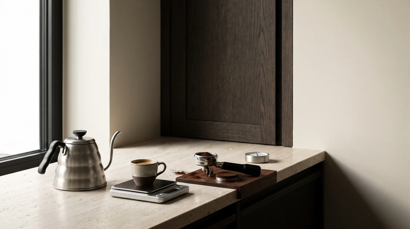 A small espresso cup on a scale beside a portafilter and kettle.