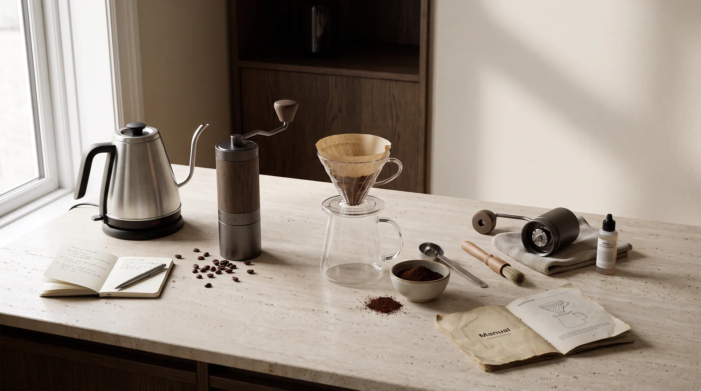 A grinder, dripper, cleaning brush and cloth on the coffee counter.