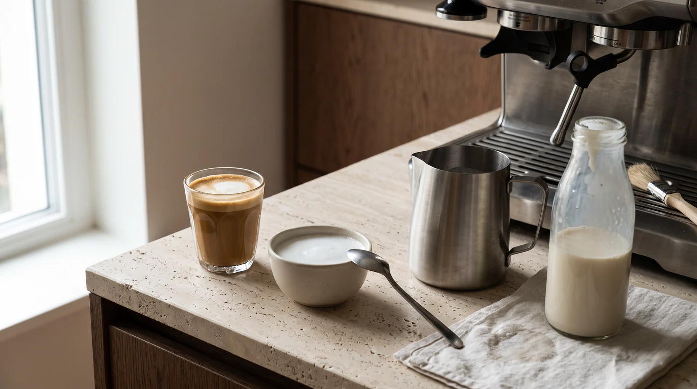 A milk pitcher, milk bottle and coffee beside an espresso machine.