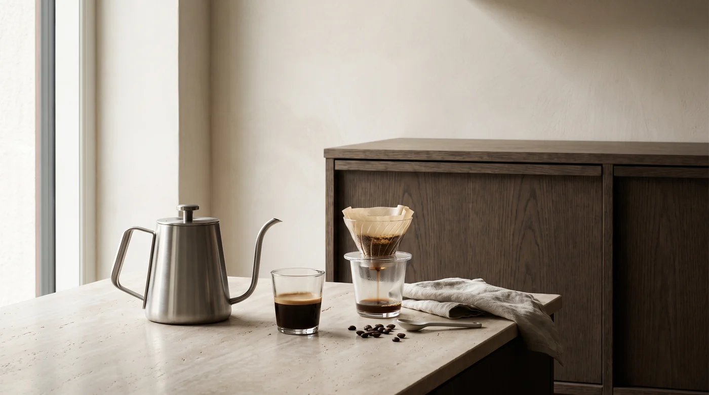 A gooseneck kettle and paper-filter brewer on a pale stone coffee counter.