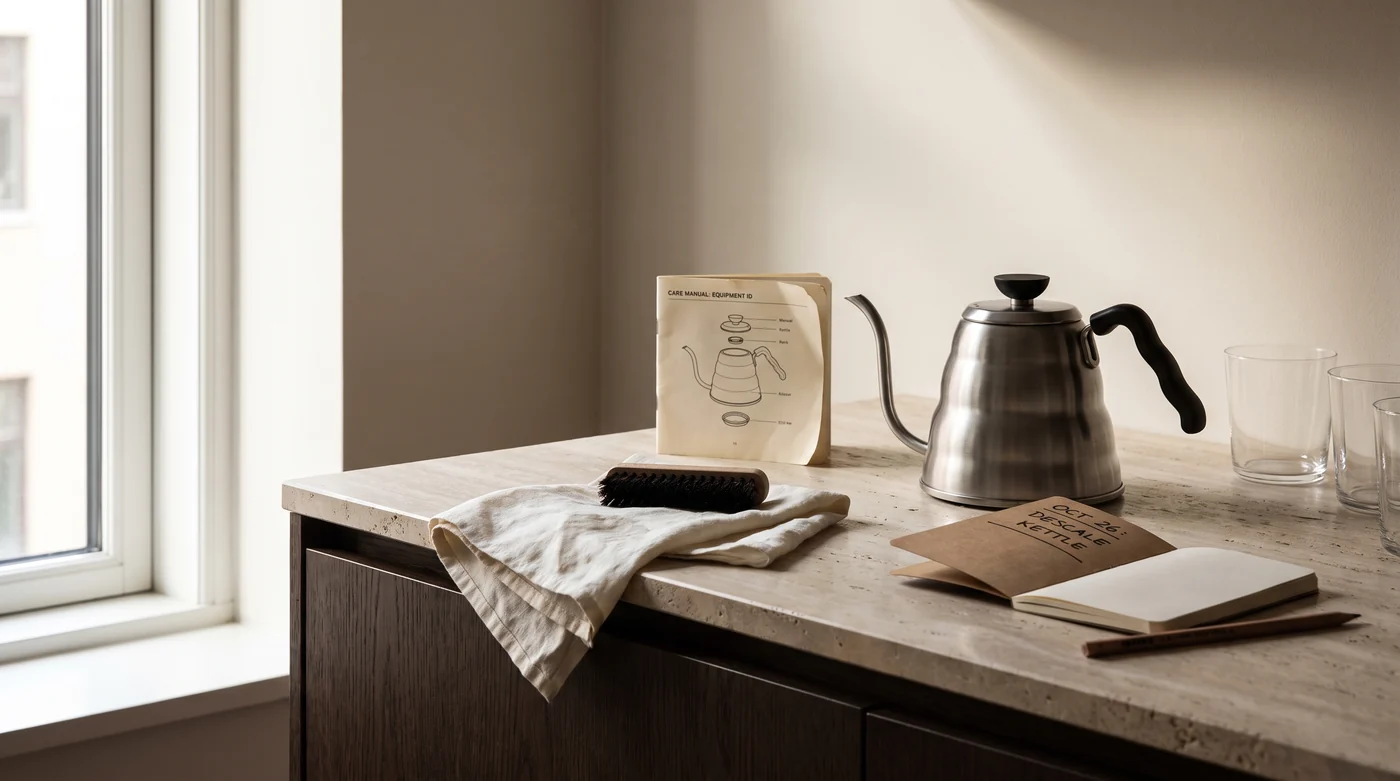 A kettle, cleaning brush and maintenance notebook.