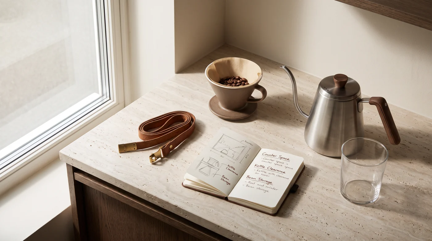 Measure the coffee corner before buying A measuring tape, counter-space notebook and kettle.