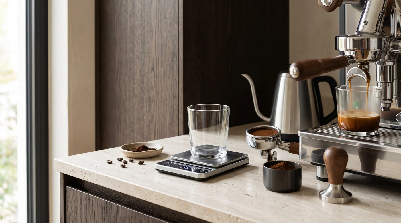 An espresso machine, dosing tools, a scale and espresso in a glass.