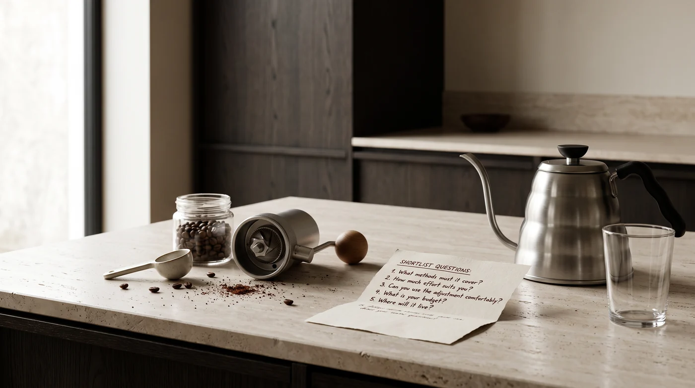 A hand grinder and coffee beans beside a comparison notebook.