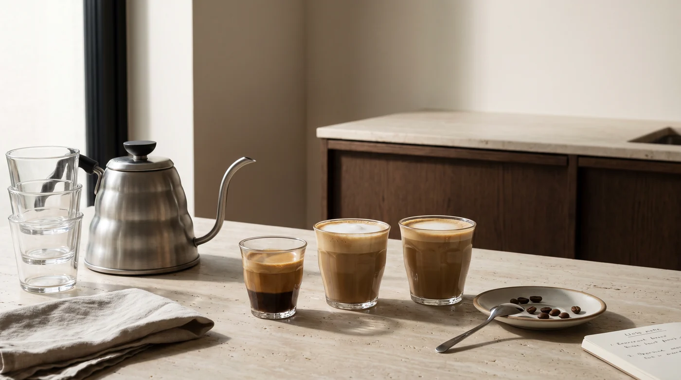 Three differently sized milk-coffee drinks beside a water jug and kettle.