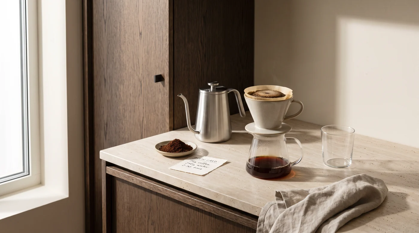 A practical first pour-over setup A pour-over brewer, grounds and kettle on the coffee counter.