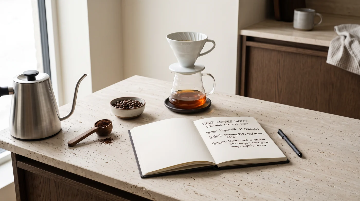 A paper-filter brewer and carafe beside an open tasting notebook.
