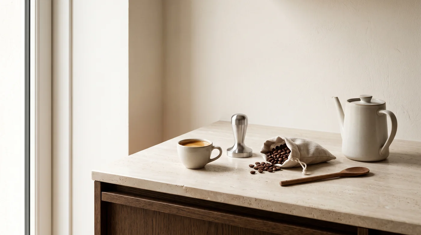 A small espresso cup and preparation tools on the pale stone coffee counter.
