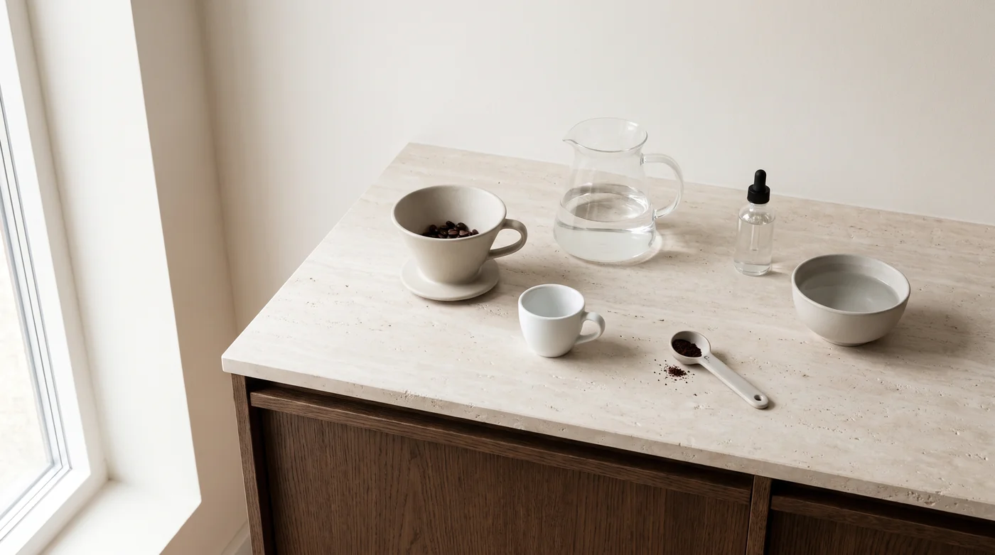 Coffee brewing tools and cups on the pale stone counter beside the window.