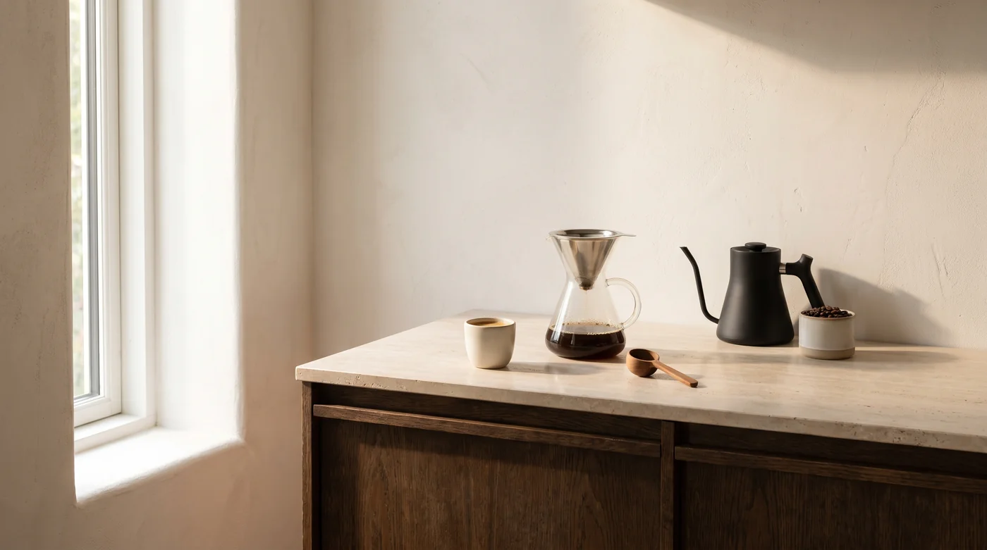 Coffee brewing tools and cups on the pale stone counter beside the window.
