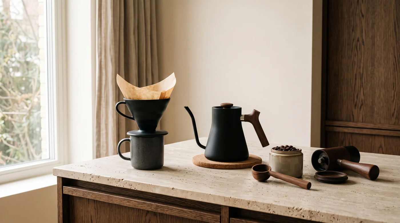 Coffee brewing tools and cups on the pale stone counter beside the window.