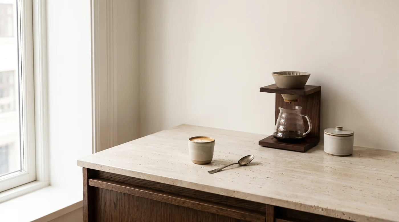 A milk-coffee serving illustration beside a pitcher on the pale stone counter.