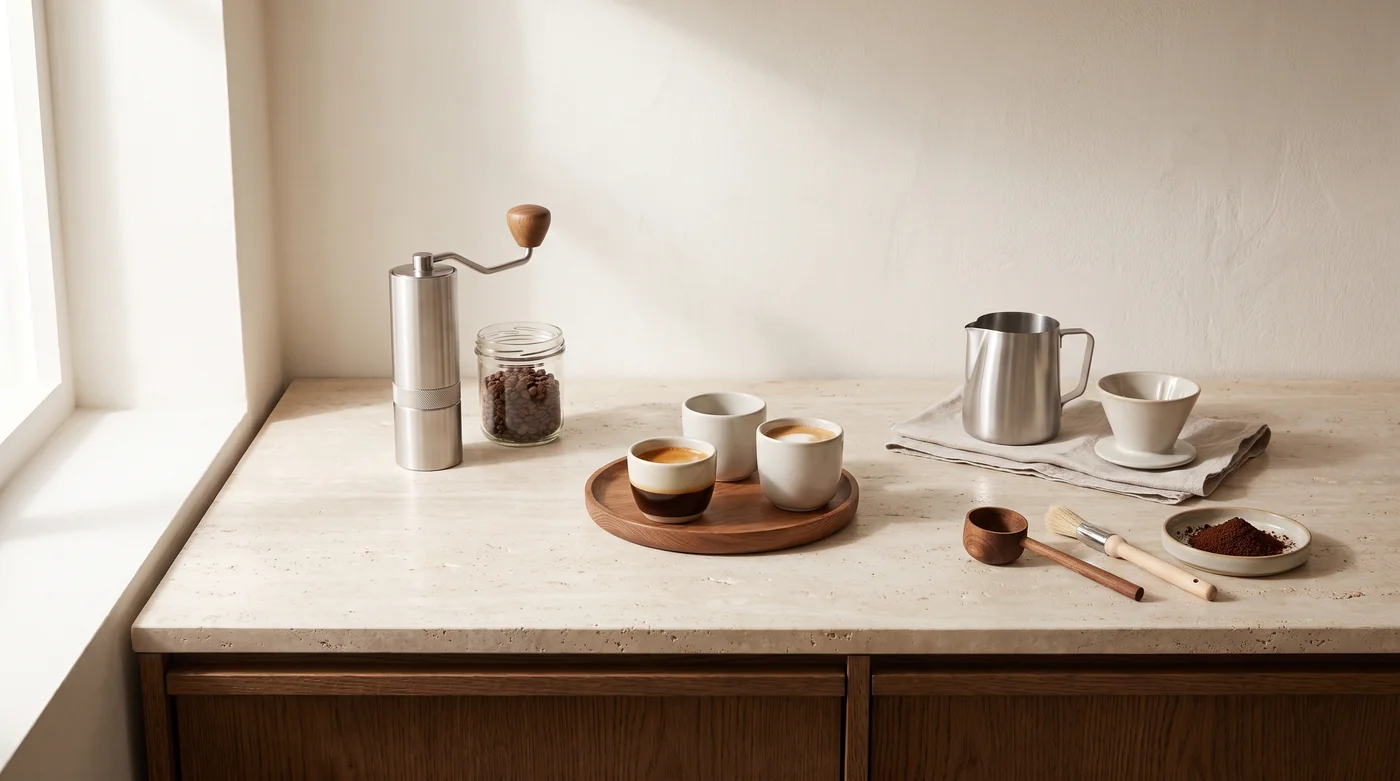 Coffee brewing tools and cups on the pale stone counter beside the window.