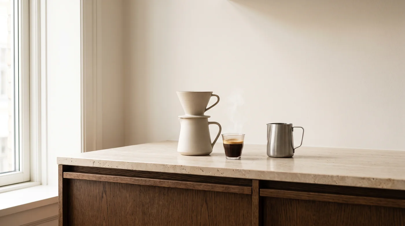 Coffee brewing tools and cups on the pale stone counter beside the window.