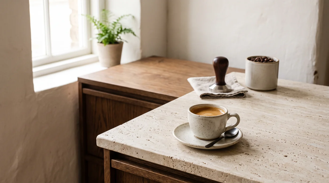 A small espresso cup and preparation tools on the pale stone coffee counter. A small espresso cup and preparation tools on the pale stone coffee counter.
