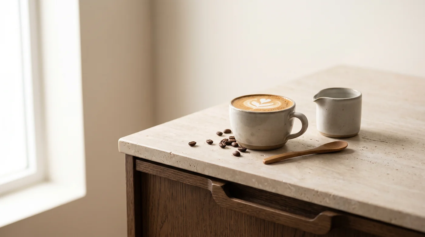 A milk-coffee serving illustration beside a pitcher on the pale stone counter. A milk-coffee serving illustration beside a pitcher on the pale stone counter.
