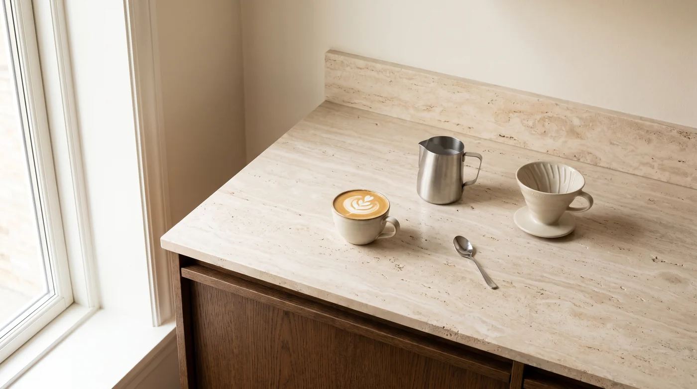 A milk-coffee serving illustration beside a pitcher on the pale stone counter. A milk-coffee serving illustration beside a pitcher on the pale stone counter.