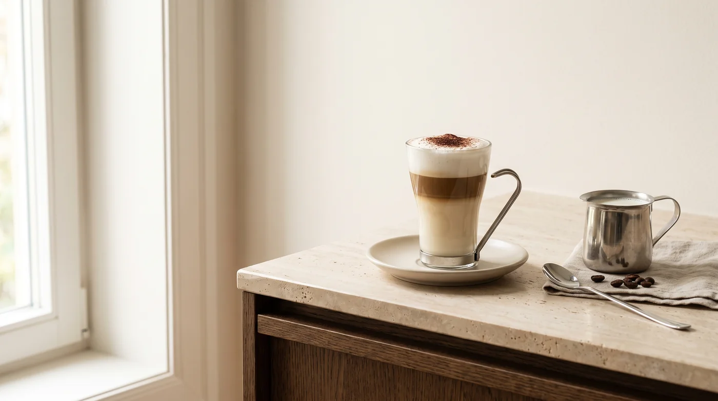 A milk-coffee serving illustration beside a pitcher on the pale stone counter. A milk-coffee serving illustration beside a pitcher on the pale stone counter.
