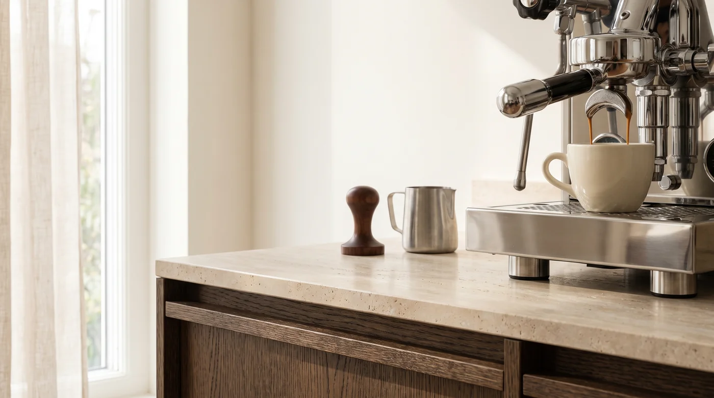 A small espresso cup and preparation tools on the pale stone coffee counter.