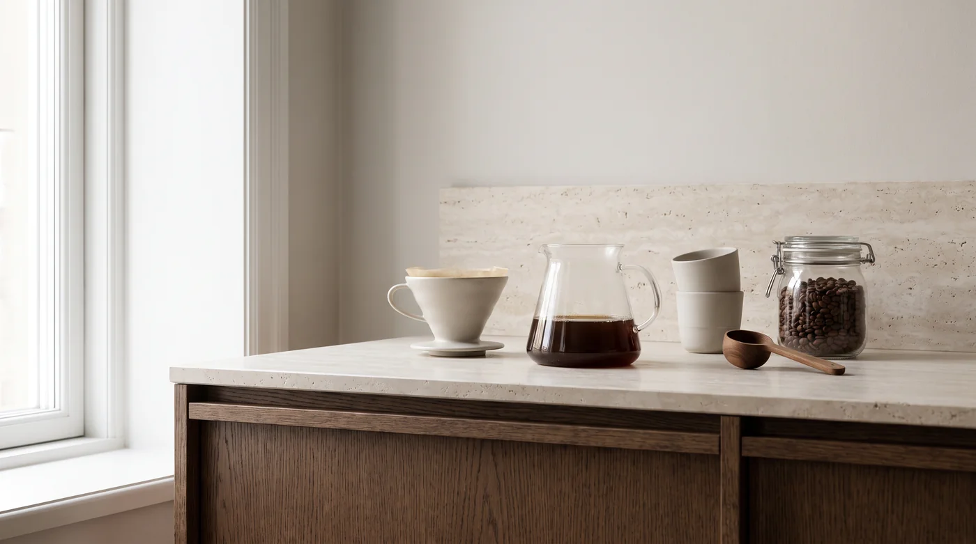 Coffee brewing tools and cups on the pale stone counter beside the window. Coffee brewing tools and cups on the pale stone counter beside the window.