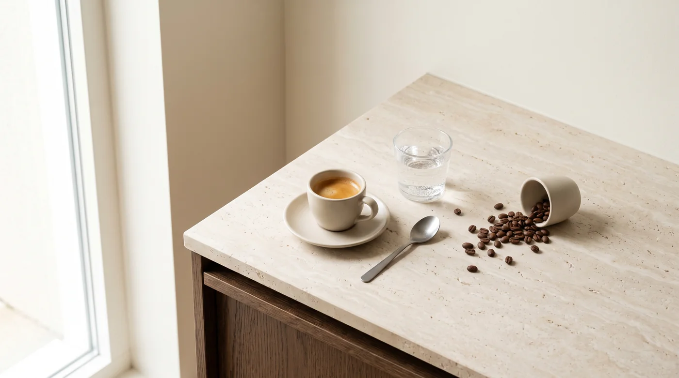 A small espresso cup and preparation tools on the pale stone coffee counter. A small espresso cup and preparation tools on the pale stone coffee counter.