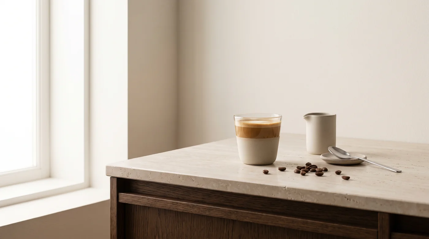 A milk-coffee serving illustration beside a pitcher on the pale stone counter. A milk-coffee serving illustration beside a pitcher on the pale stone counter.
