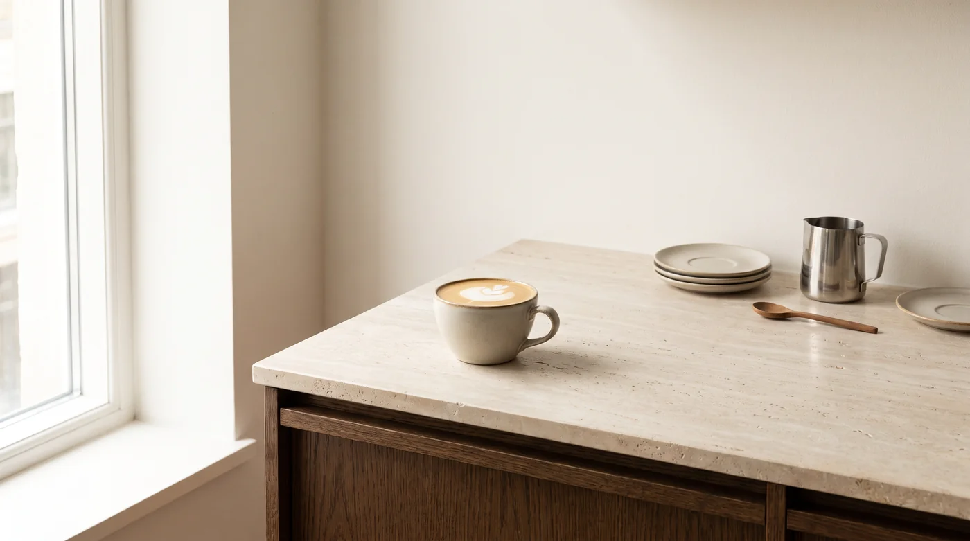 A milk-coffee serving illustration beside a pitcher on the pale stone counter. A milk-coffee serving illustration beside a pitcher on the pale stone counter.