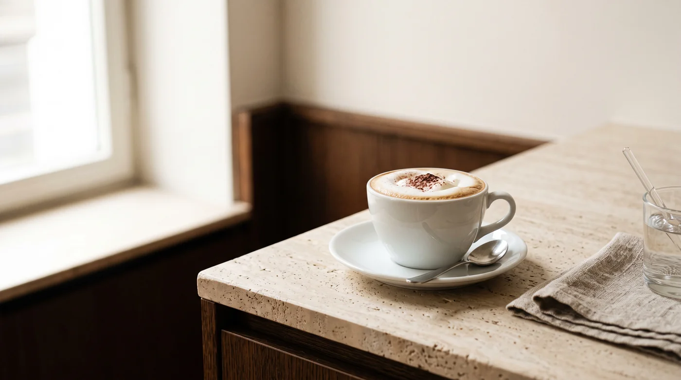 A milk-coffee serving illustration beside a pitcher on the pale stone counter. A milk-coffee serving illustration beside a pitcher on the pale stone counter.