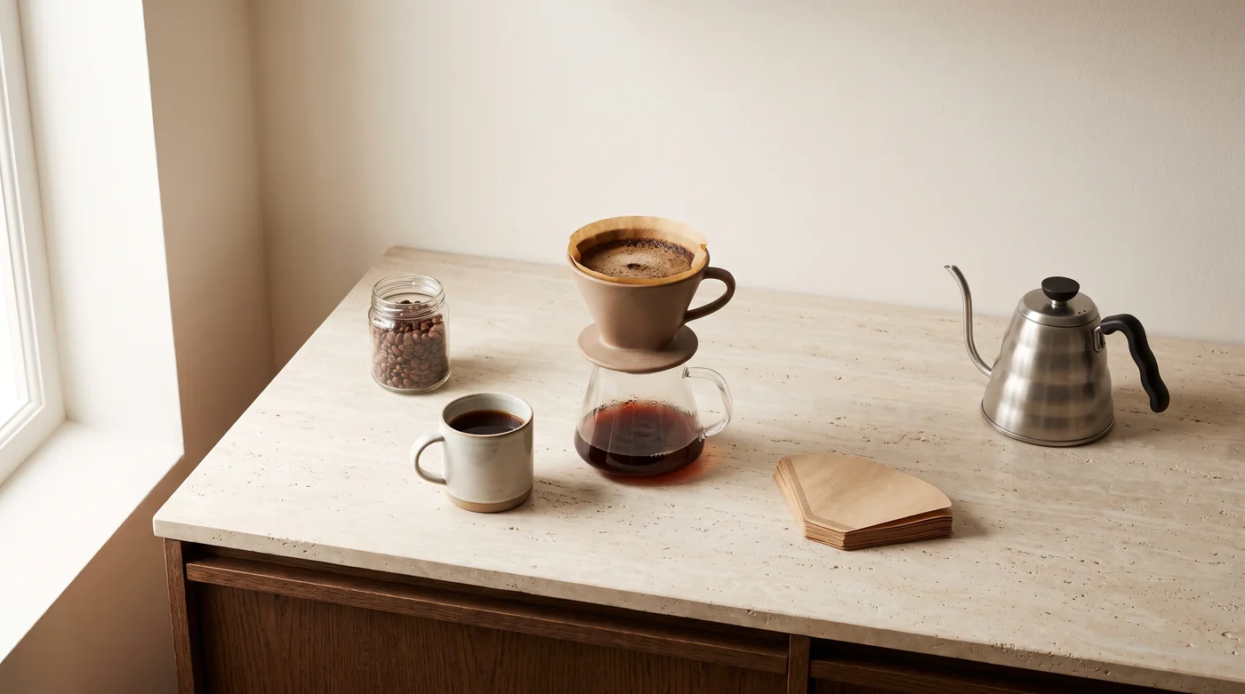 Coffee brewing tools and cups on the pale stone counter beside the window.