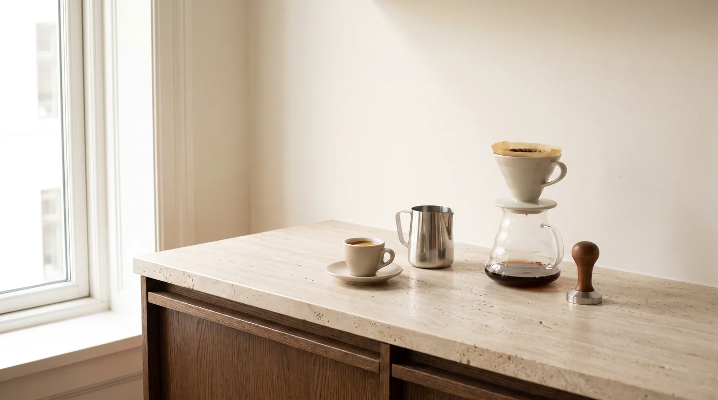 Coffee brewing tools and cups on the pale stone counter beside the window. Coffee brewing tools and cups on the pale stone counter beside the window.