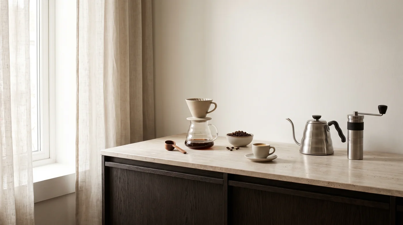Coffee brewing tools and cups on the pale stone counter beside the window. Coffee brewing tools and cups on the pale stone counter beside the window.