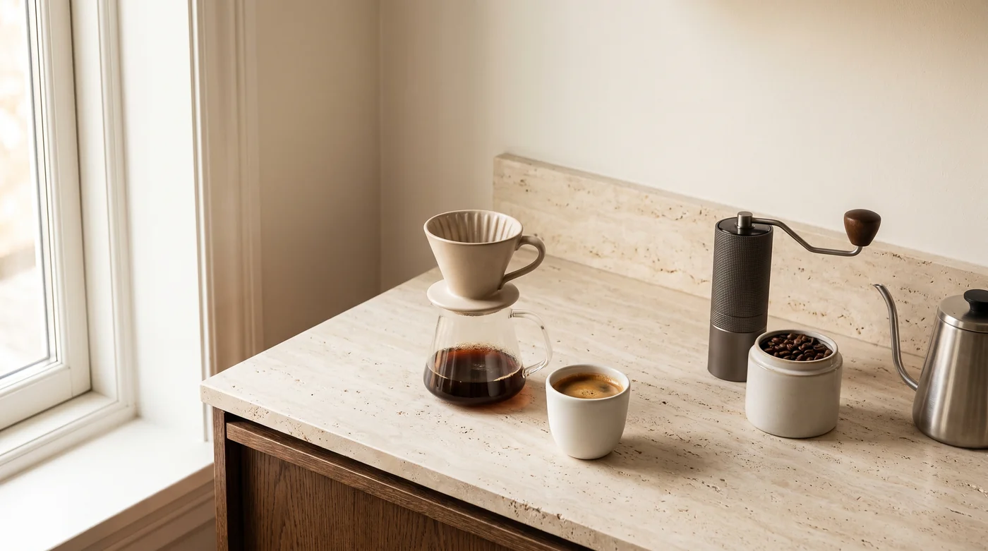 Coffee brewing tools and cups on the pale stone counter beside the window.